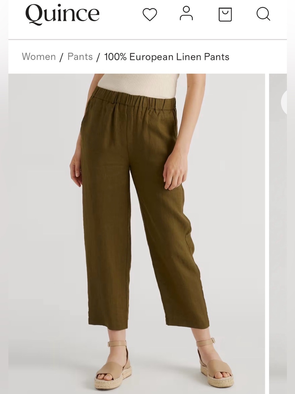 Quince 100% linen Olive Cropped Linen Elastic-Waist Pants
